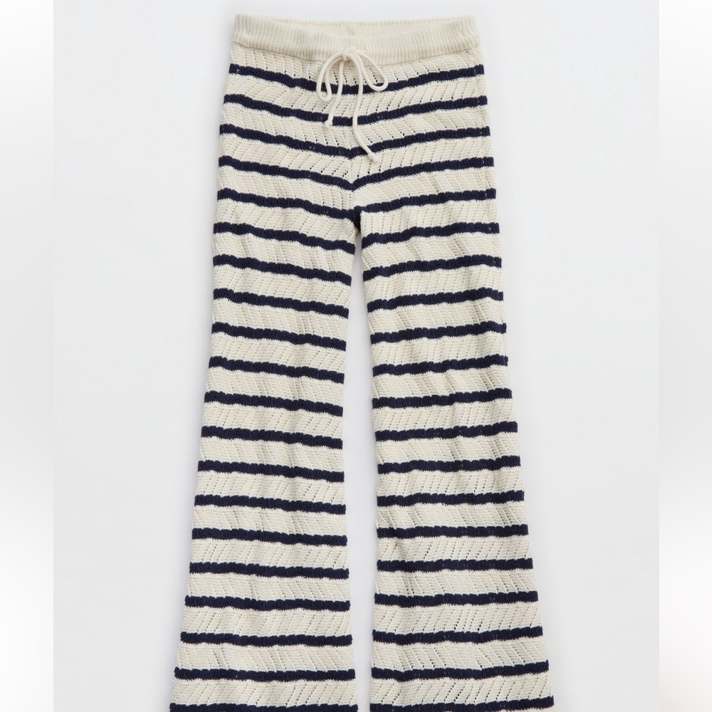Beach Knit Pants Swim Cover Up Natural Tan + Navy Blue Cotton Blend Large NEW
